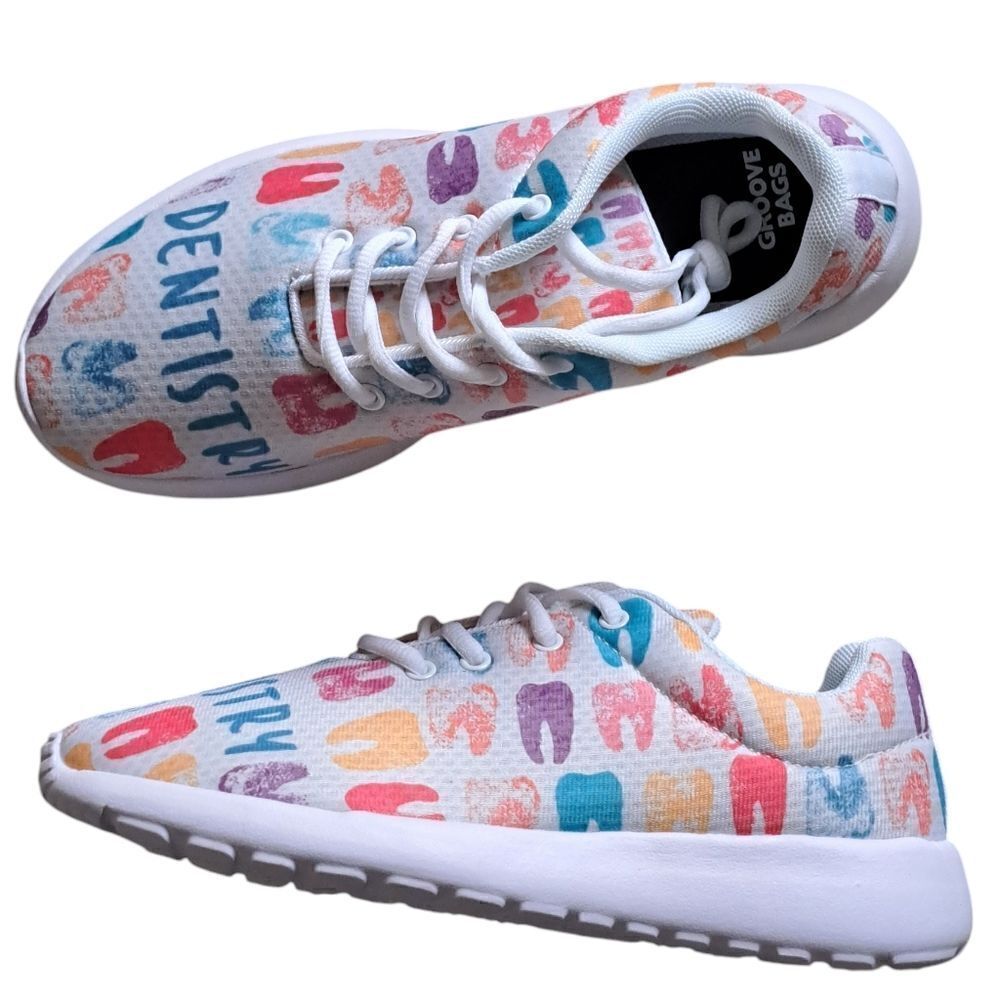 Groove Bags Custom Print Dentistry Lightweight Lace Up Sneaker White Multi Siz 8